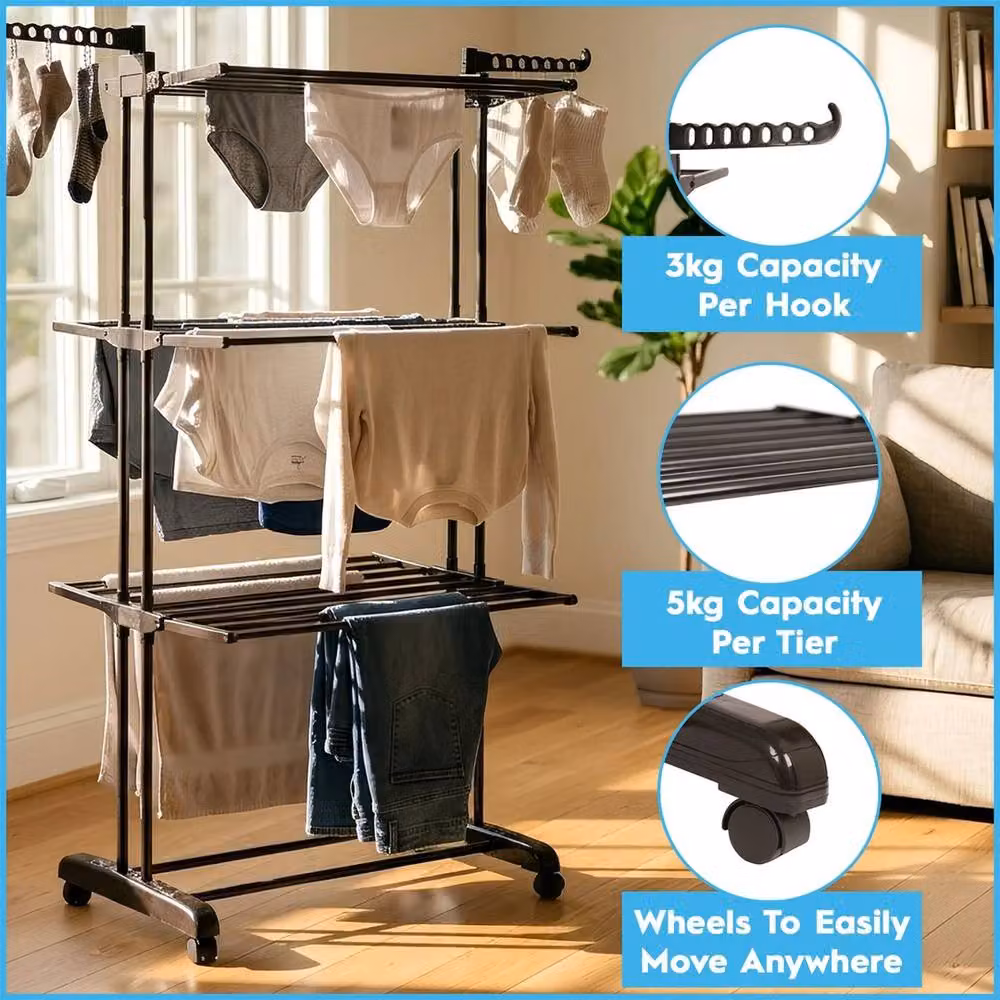 NESTLUNE 4-Tier Folding Metal Wheeled Clothes Airer in Black – 4