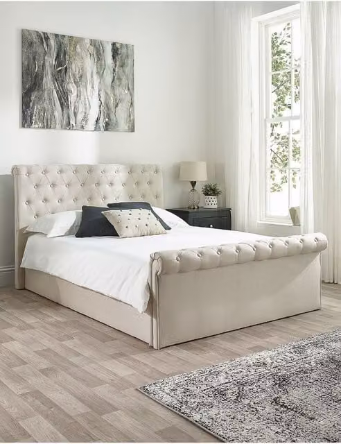 Aspire Chesterfield Ottoman Storage Bed in Natural Linen, Single, W/D/H: 90 x 190 cm