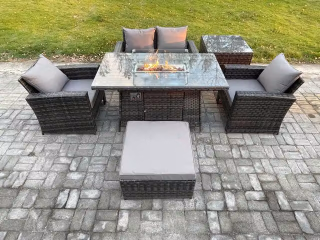 Fimous 5 Seater Outdoor Rattan Sofa Set with Gas Firepit Dining Table and Side Table in Dark Grey