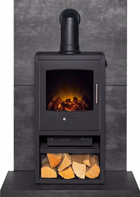 Acantha Tile and Hearth Set in Grey Slate Venetian Plaster Effect with Bergen XL Stove and Angled Pipe – 1