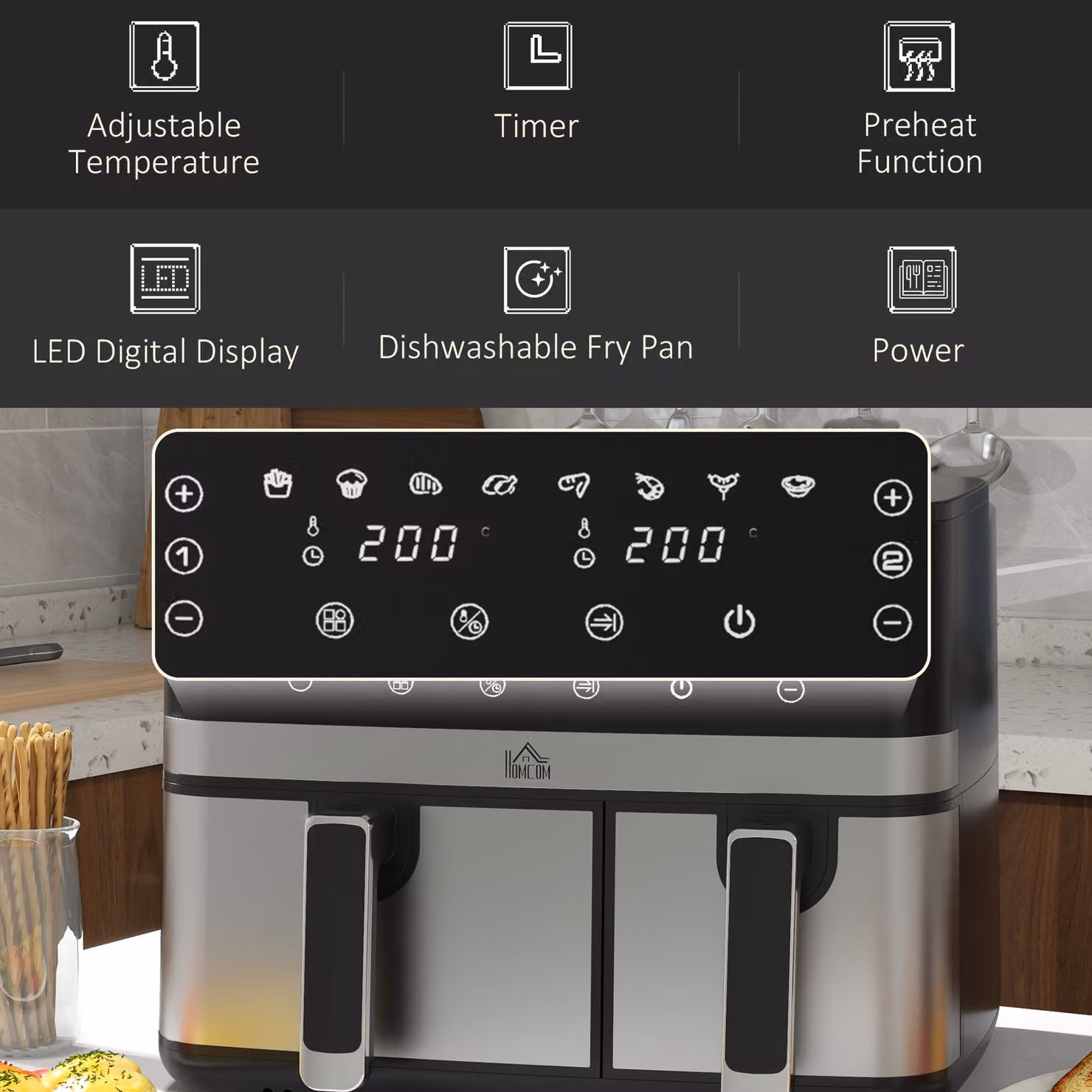 HOMCOM Dual Air Fryer 8.5L Black Double Basket Digital Air Fryer Oven with Smart Finish and 8 Presets – 7