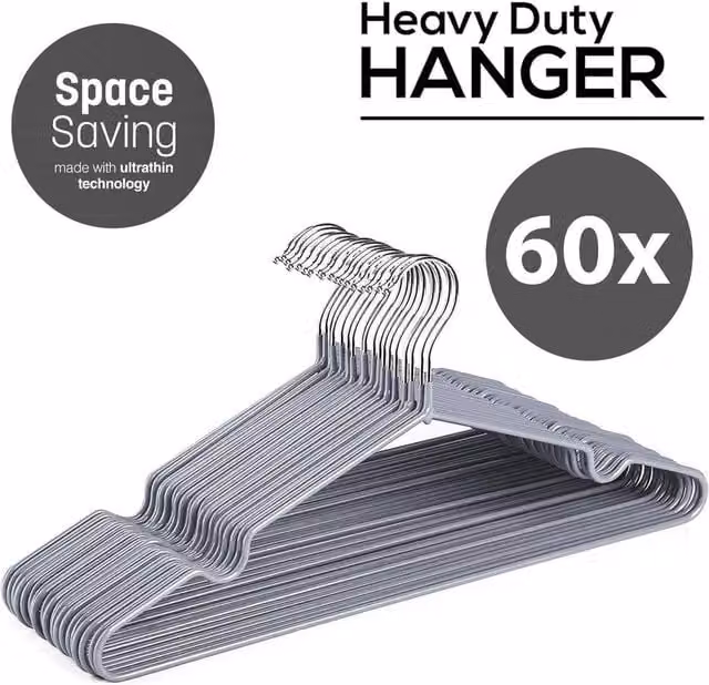 ATEK Grey Metal Heavy Duty Non-Slip Rubber Coated Clothes Hangers, 60 Pack