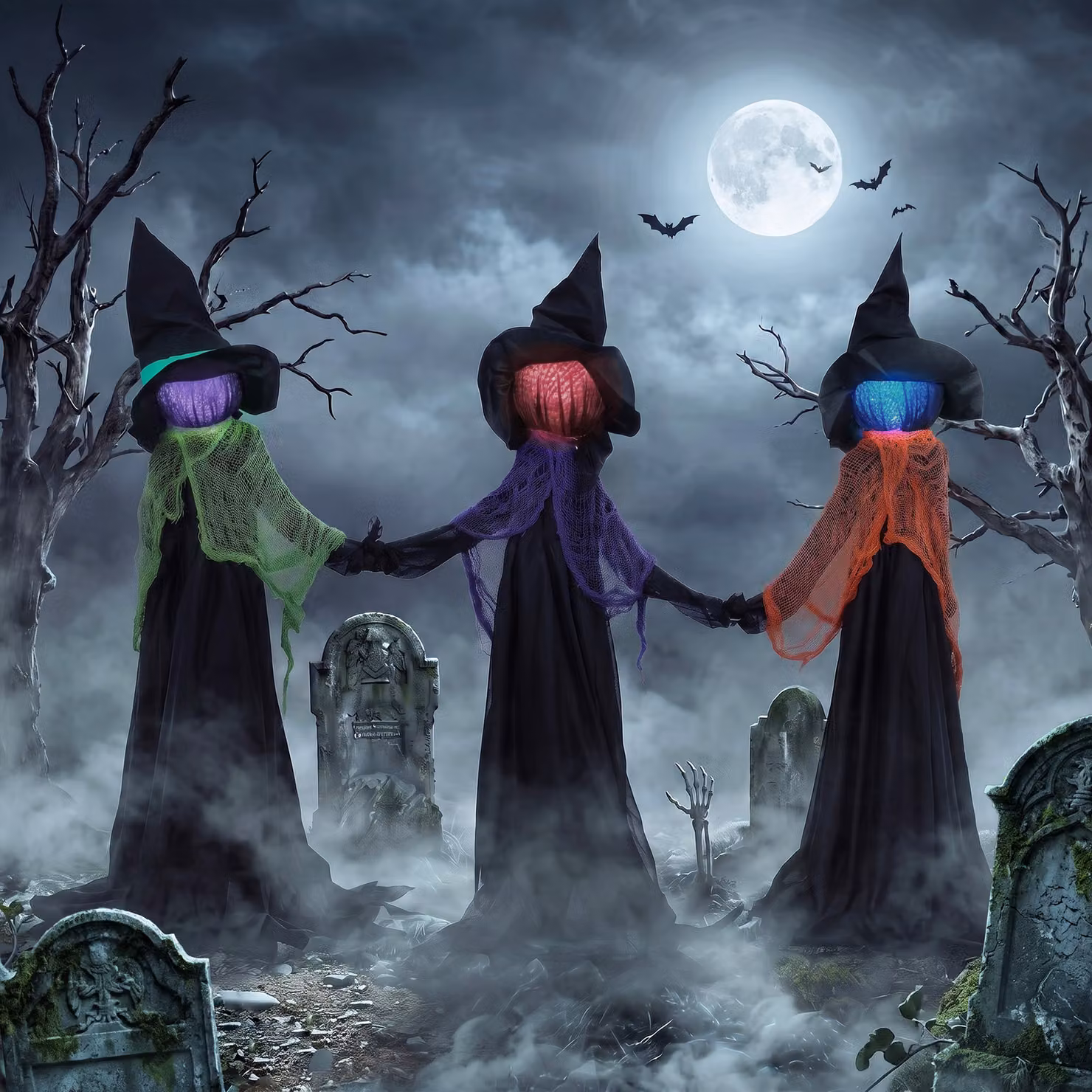 HOMCOM Multicolour Witches Holding Hands Halloween Decorations with Light-Up Heads for Indoor and Outdoor Use – 2