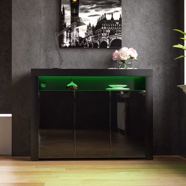 Vida Designs Nova 3 Door Modern High Gloss LED Sideboard in Black, W/D/H: 130 x 35 x 95 cm