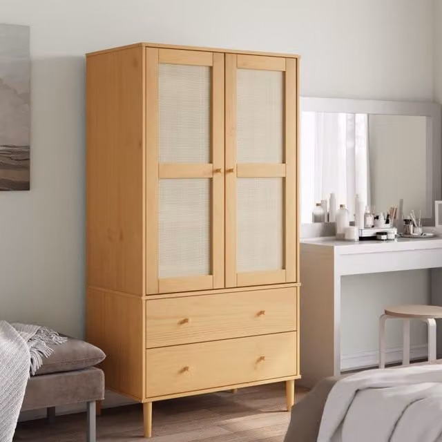 Berkfield Home SENJA Wardrobe in Brown Rattan Look Solid Pine Wood W/D/H: 90 x 55 x 175 cm – 1