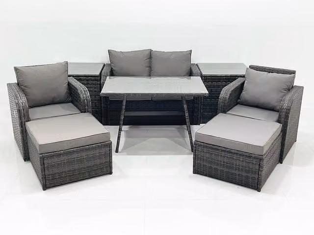 Fimous 6-Seater Outdoor Rattan Sofa and Dining Set in Dark Grey Mixed