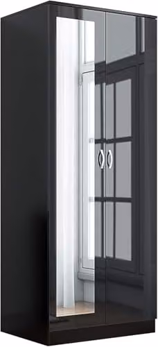 Harmin Modern Glossy 2 Door Mirrored Wardrobe with Soft Close Doors, Black, H 180 cm x W 76 cm x D 47 cm – 4