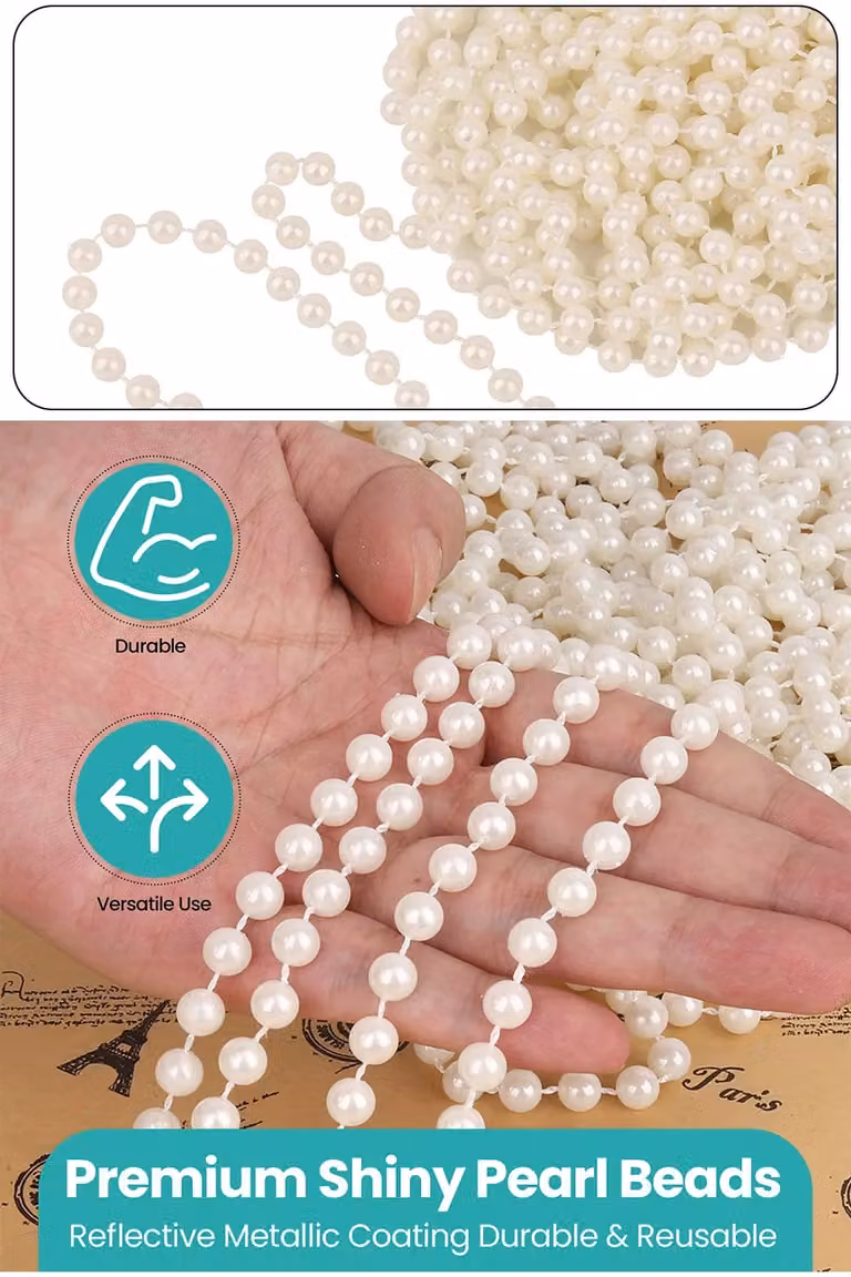 Neel Blue 9m Metallic Christmas Bead Chain with 7.5mm Shiny Pearl Garland in Blue and Beige