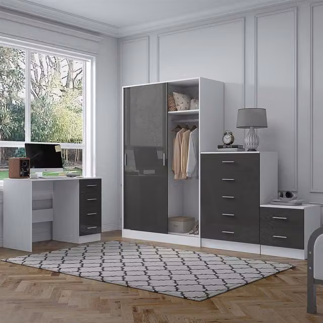 REFLECT Bedroom Furniture Bundle including Sliding Wardrobe, Tall Chest, Bedside Table and Desk in Grey Gloss and Matt White