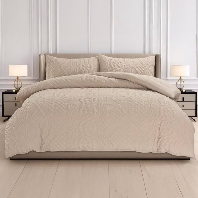 Velosso Modern 3D Embossed Chunky Knit Pattern Duvet Set and Pillowcase in Beige, W: 180 cm x L: 200 cm