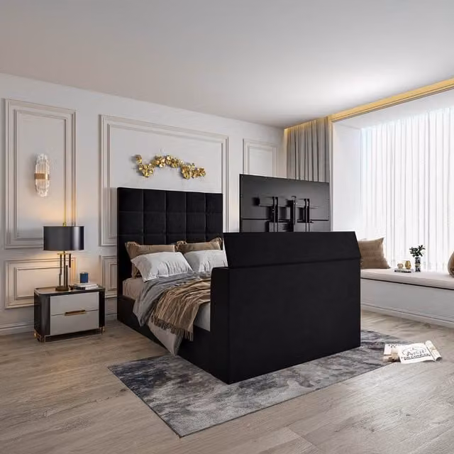 Casani Cubica Modern Upholstered TV Bed Frame in Velvet Fabric, W/D/H: 90 x 190 cm, Black or Yellow