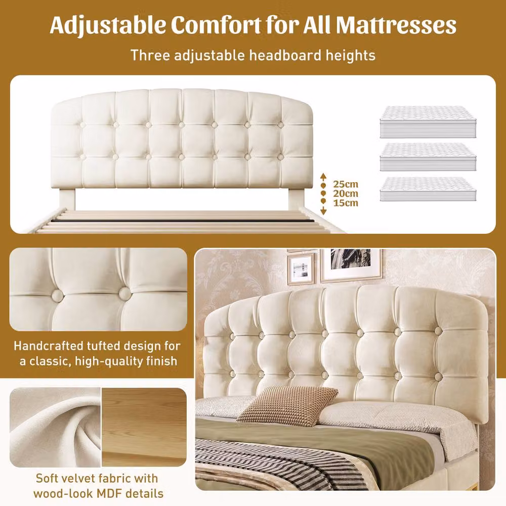 Matteo Beige Velvet Upholstered King Bed Frame with Storage Drawers W: 150 cm, D: 200 cm, H: 120 cm – 3
