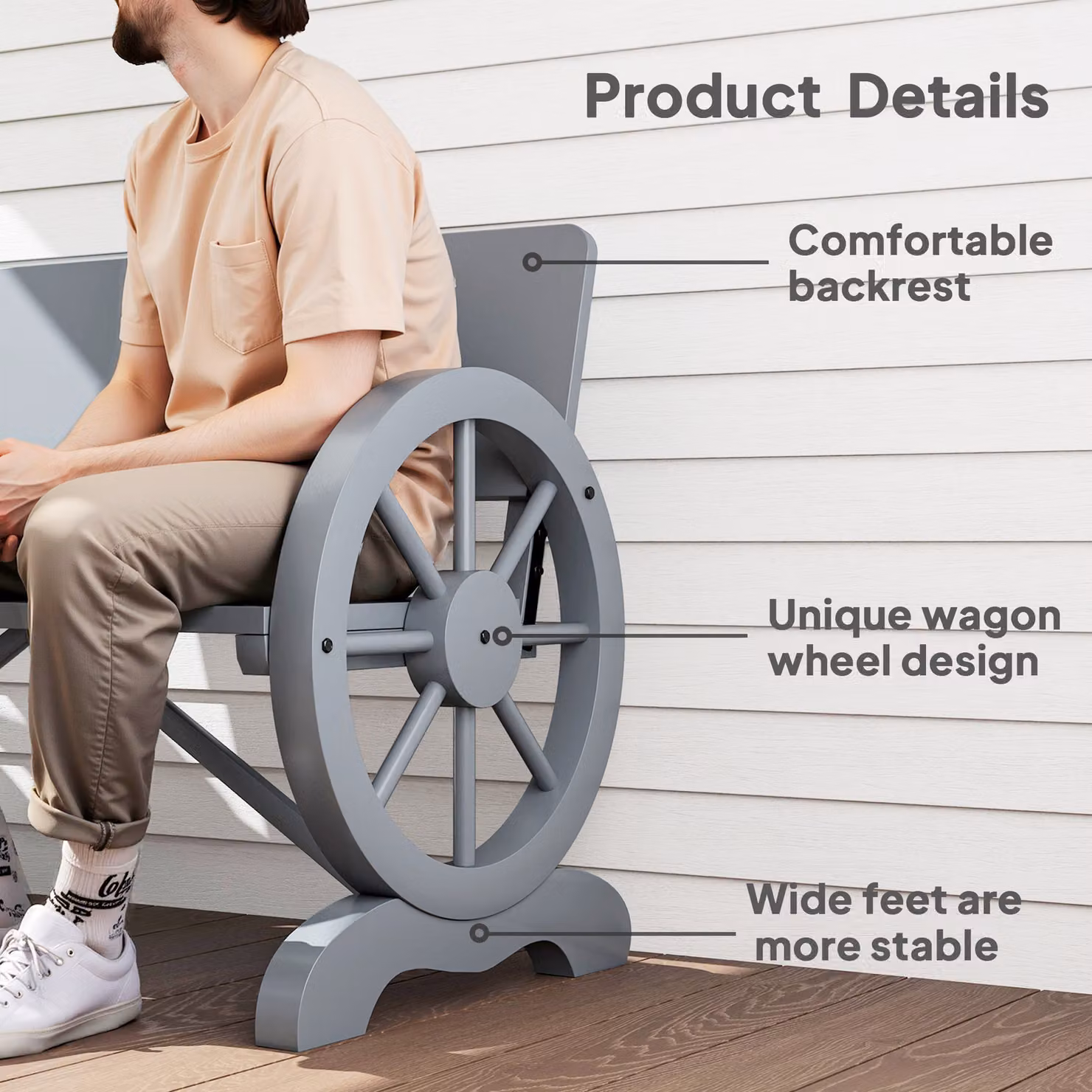 Outsunny Grey Fir Wood 2-Seater Outdoor Garden Wagon Wheel Bench with Armrests – 5