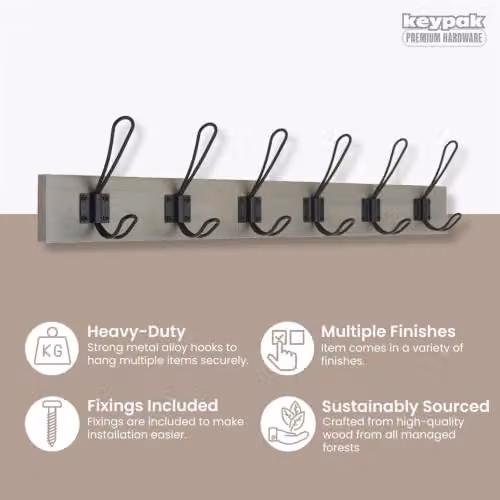 keypak Rustic Wall Mounted Coat Rack with 6 Double Wire Hooks and Ash Wood Base in Black, Grey or Brown – 2