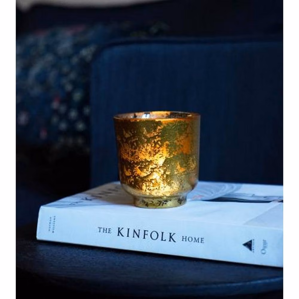 Lemon Pavilion Furniture and Decor Antique Gold Glass and Metal Round Tea Light Holder, W: 15.5 cm, D: 15.5 cm, H: 19 cm – 3