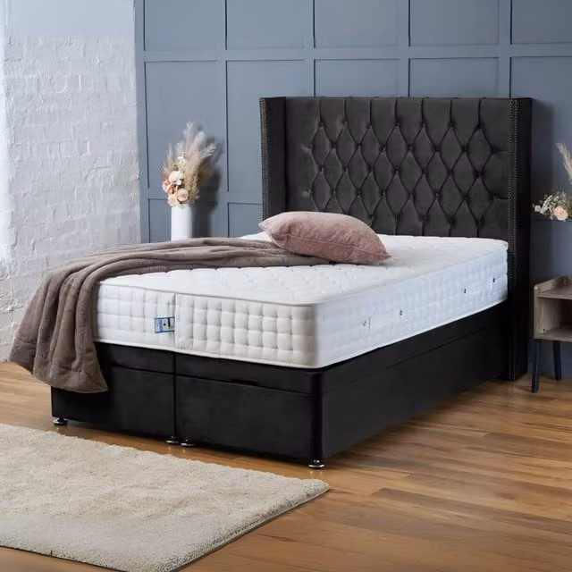BSSPOKE Olivia Ottoman Divan Bed in Black Plush Velvet with 54 inch Headboard, W/D/H: 137.16 x 90 x 190 cm