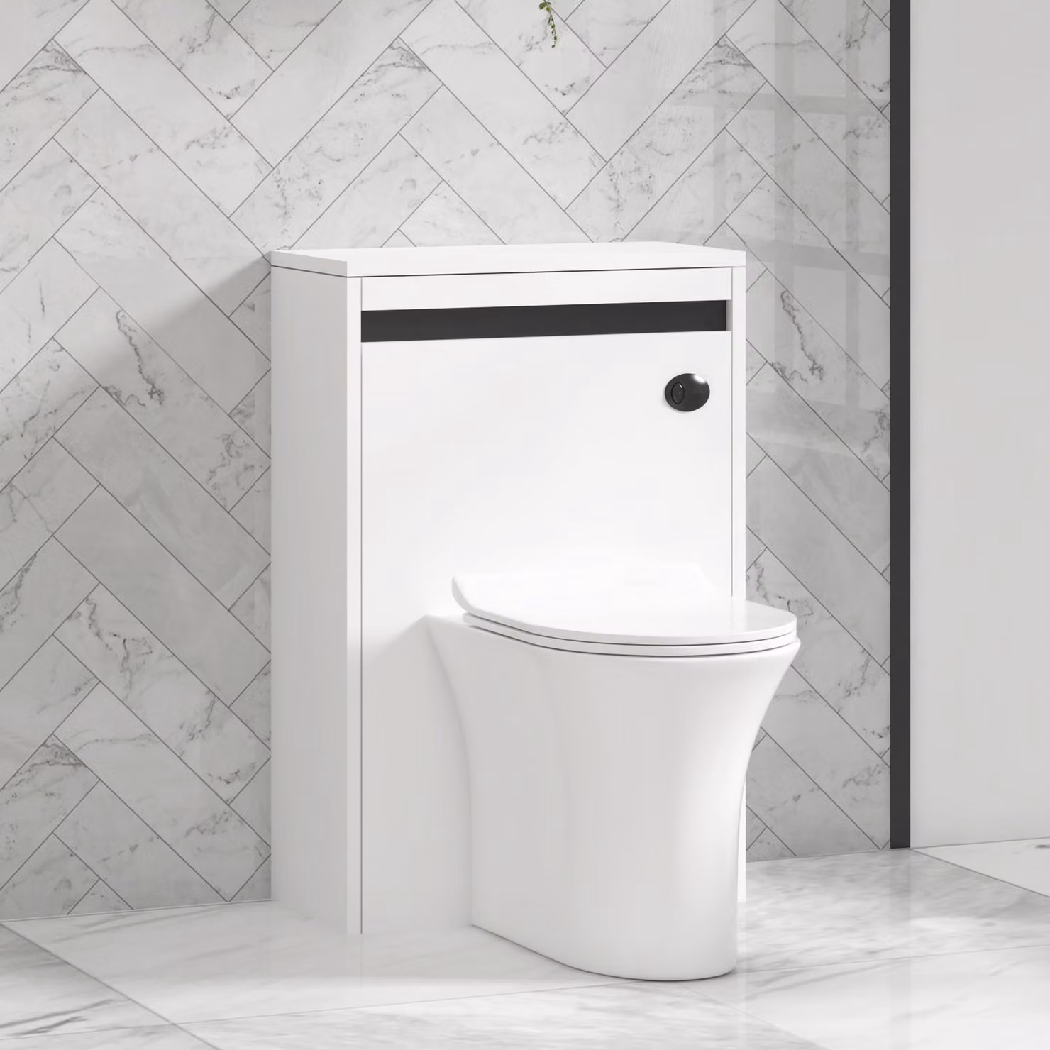 Orion Matt White BTW WC Unit with Breeze Rimless Ceramic Toilet Pan, Slim Soft Close Seat and Cistern with Black Accent Trim