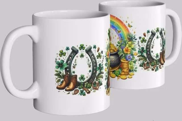 Simply Stunning Mugs Irish Luck Ceramic Mug in White with St. Patrick's Day Leprechaun and Horseshoe Design
