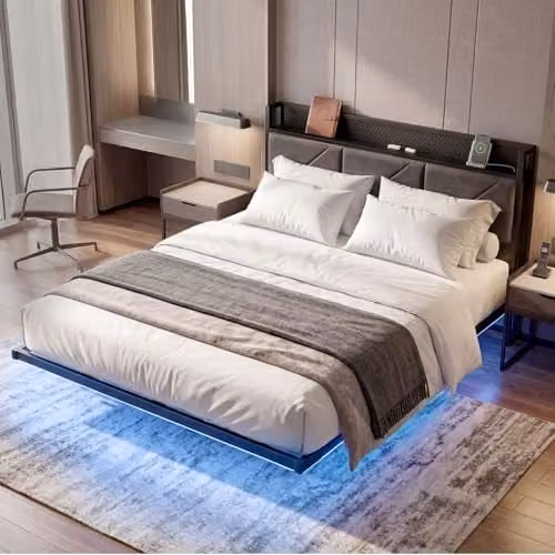 Levede Upholstered Floating Double Bed Frame with LED Under-Bed Lighting, USB Charging Ports and Side Compartments, Grey, W/D/H: 140 x 190 cm – 1