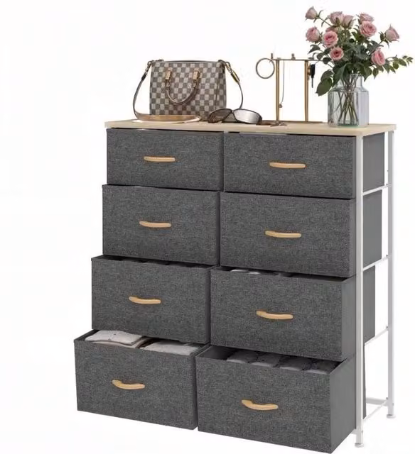 VOGREX 8 Drawer Bedroom Storage Chest with Black Steel Frame and Dark Grey Fabric Drawers