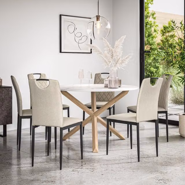 More4Homes Malvern Round Marble Effect Dining Table Set with Oak Legs, Beige, 6 Seater, W/D/H: 120 x 120 x 75 cm