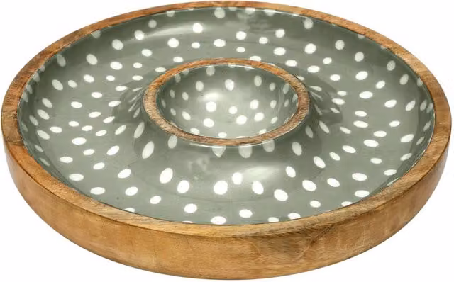 dexam Sintra Mango Wood Spotted Chip and Dip Bowl in Olive Green and Multicolour
