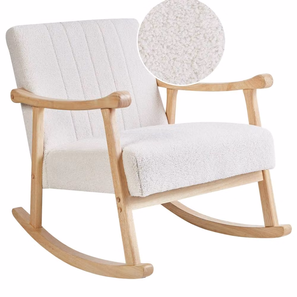 Wyld and Coco Off-White Boucle Rocking Armchair with Rubberwood Legs – 2