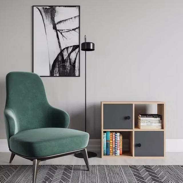 Decorotika Tasso Bookcase with Cabinets in Oak and Anthracite, W: 62.6 cm, D: 63.5 cm