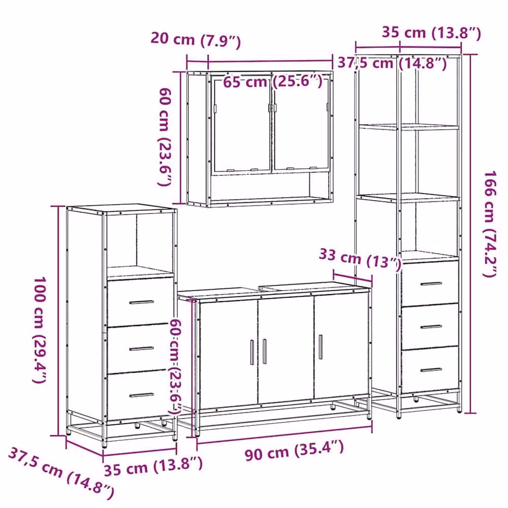 Berkfield Home 4-Piece Industrial Bathroom Furniture Set in Sonoma Oak Light Brown – 4
