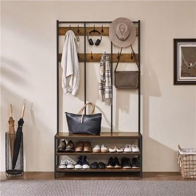 EONLION Industrial Metal and MDF Hall Tree with Shoe Bench and Hooks in Brown and Black – 1