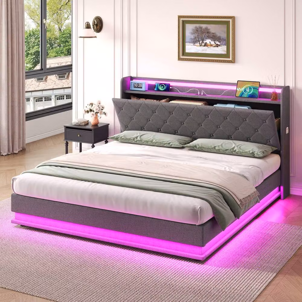 Matteo Double Upholstered Bed Frame with Lift Up Storage, LED Lighting and USB Charging Port, Grey Linen, W/D/H: 140 x 200 x 113 cm – 2