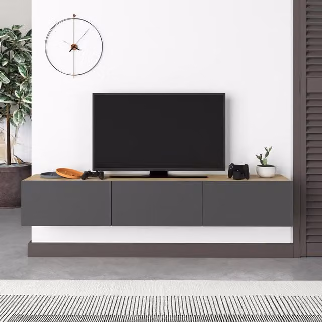 Decortie Francy Modern Wall Mounted TV Stand in Anthracite Grey and Oak