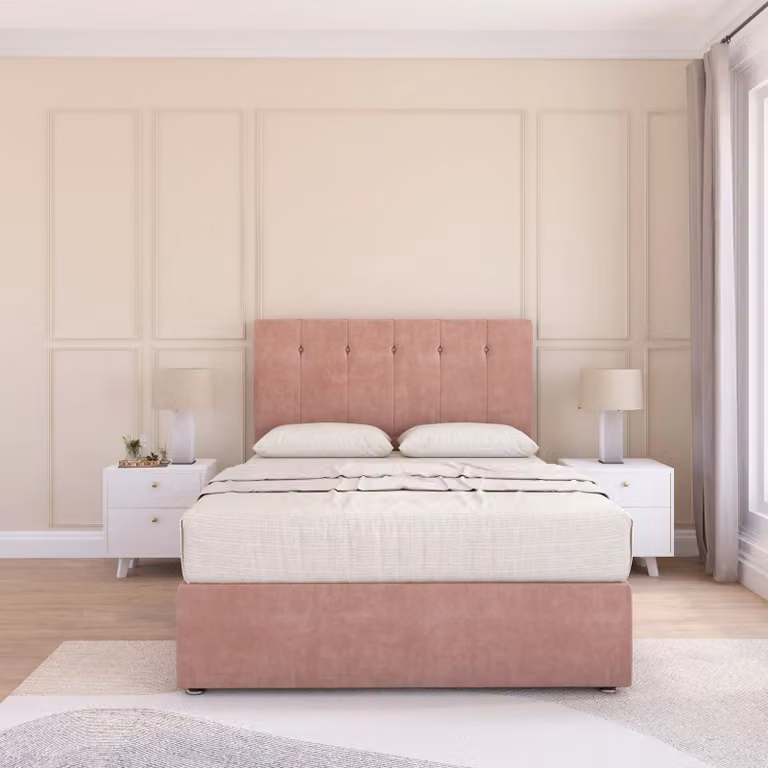 Sloomy Highbury Small Double Divan Bed Base and Floor Standing Headboard in Pink Velvet