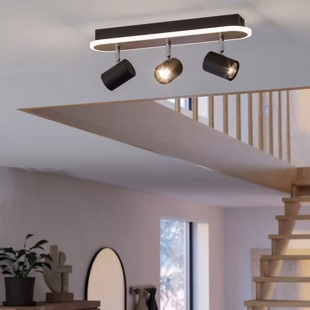 Eglo Rimbocchi Modern LED Oval Ceiling Lamp with 3 Adjustable Spotlights in Black and Wood