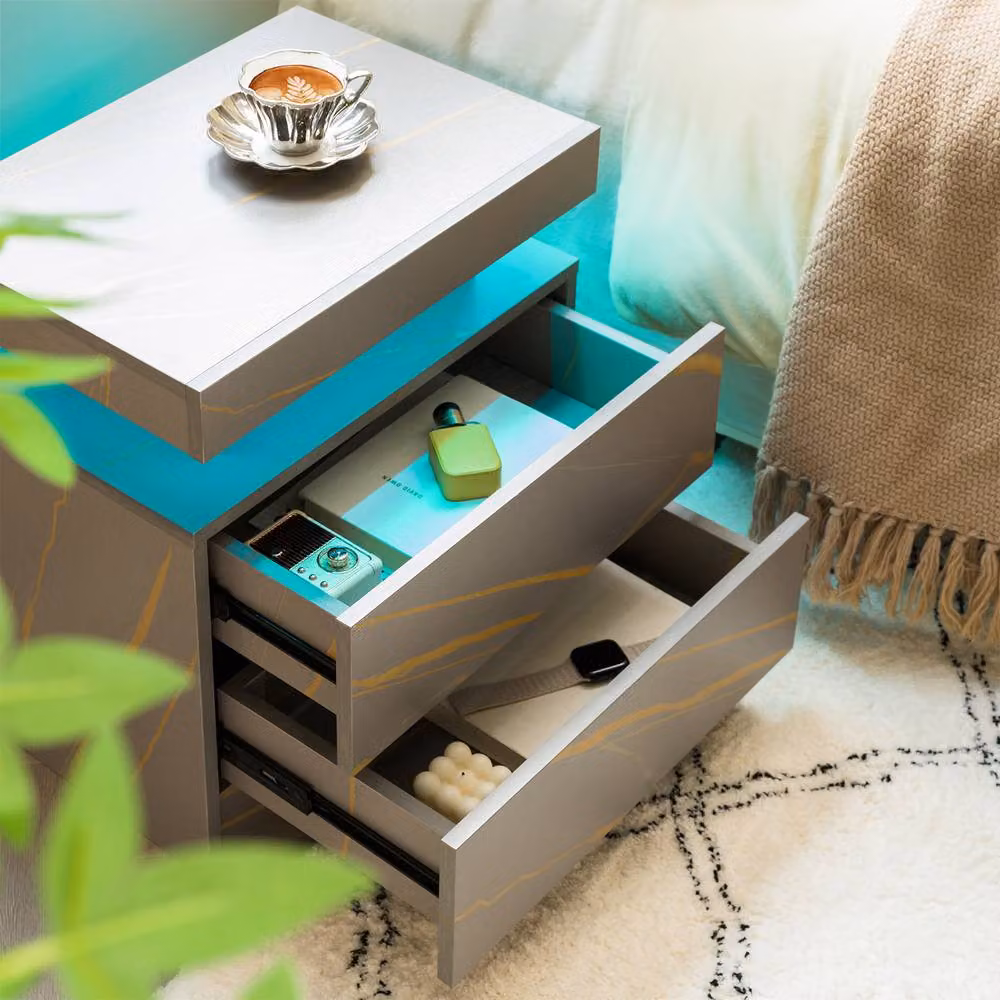 Matteo Modern LED Bedside Table Cabinet with 2 Drawers in Grey and Gold – 5