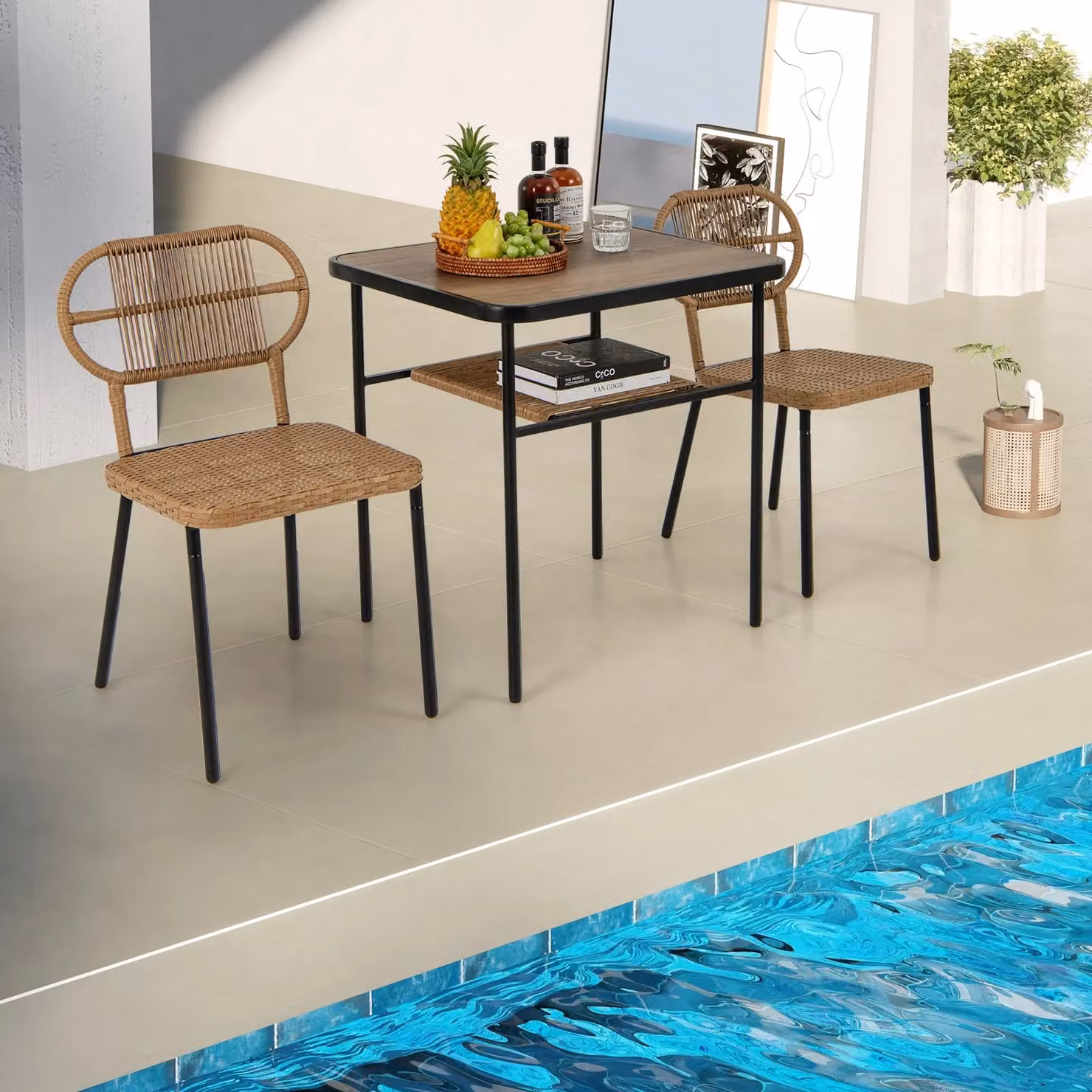 Gymax Brown Rattan Patio Dining Set with 2 Stackable Wicker Chairs and Dining Table – 5