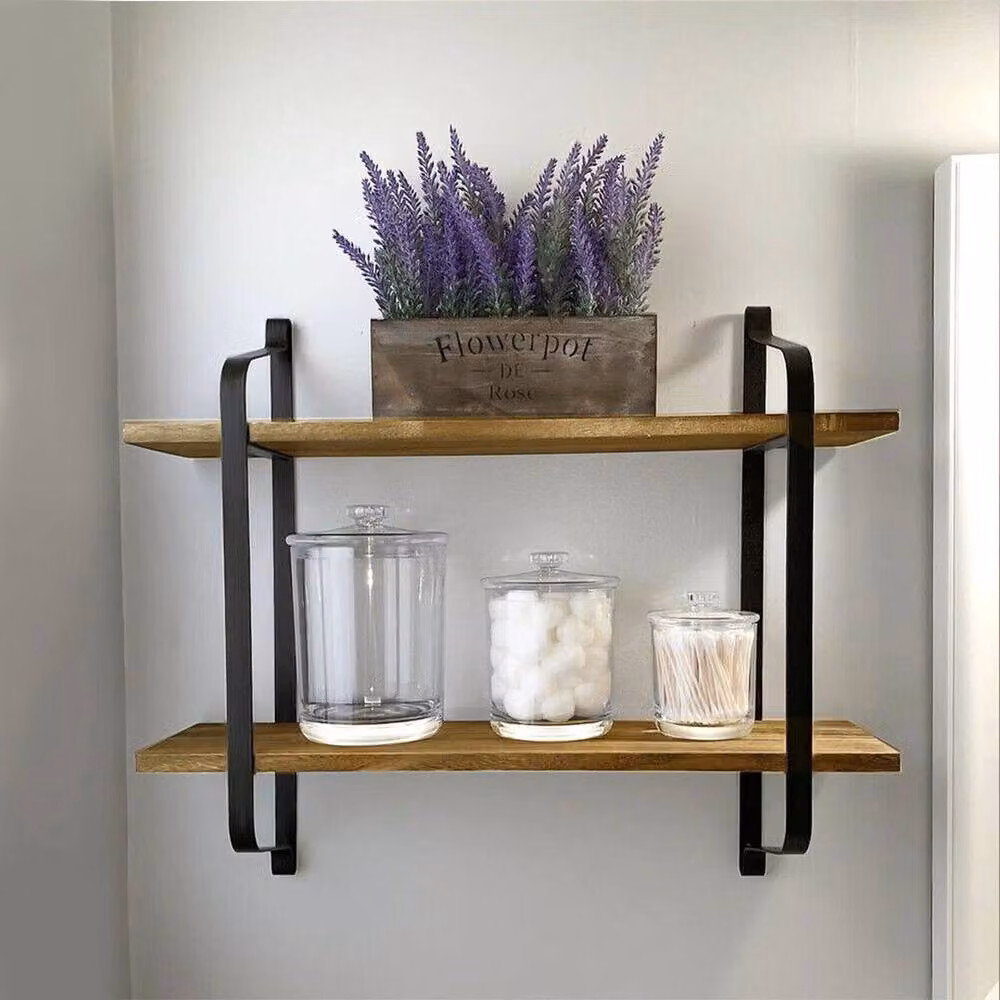 KORVIXA 2 Tier Industrial Pipe Metal Wall Floating Shelf Storage in Black, Width: 90 cm – 3