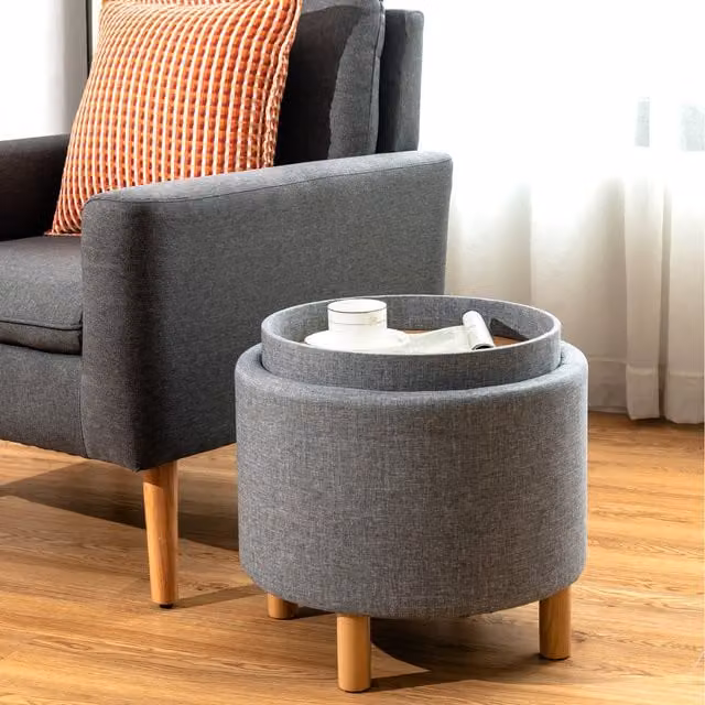 COSTWAY Round Grey Fabric Storage Ottoman with Wood Tray
