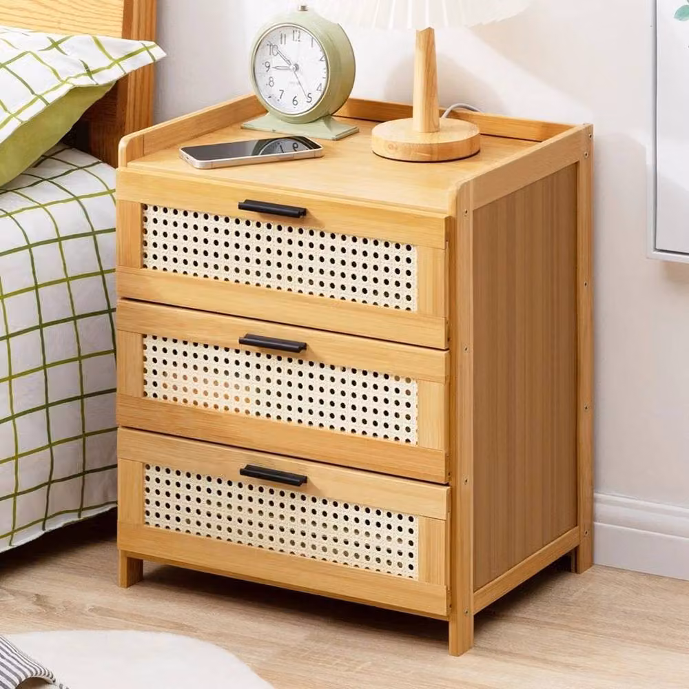 EONLION Brown Wooden Bedroom Bedside Cabinet with 3 Drawers and Rattan Door – 3