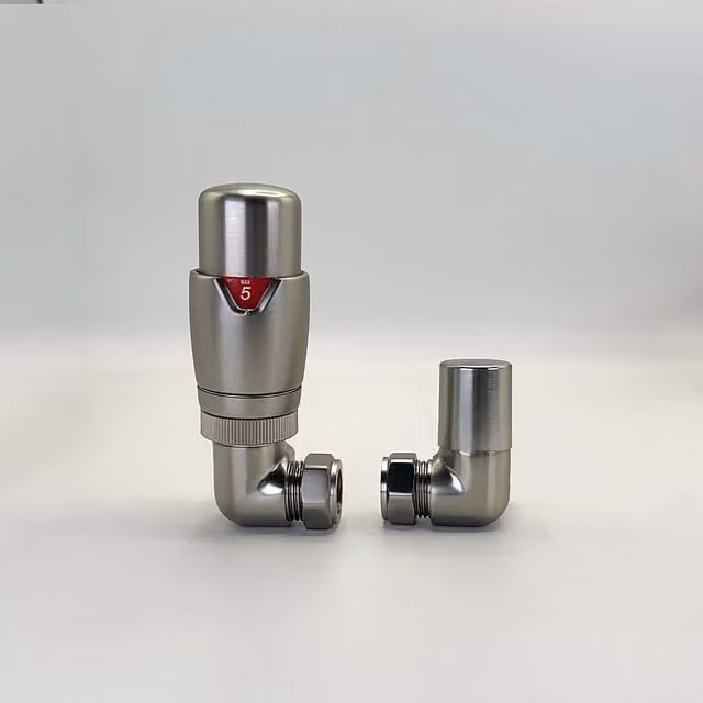 Lux Heat Corner Thermostatic Valve Set in Brushed Nickel and Brass