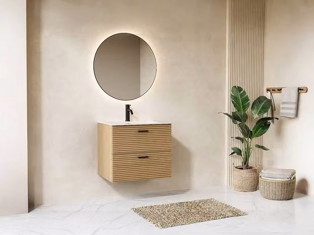 Vente-unique Fluted Wall-Hung Vanity Unit with 2 Drawers in Light Oak Beige, W: 60 cm, D: 46 cm, H: 55 cm – 1