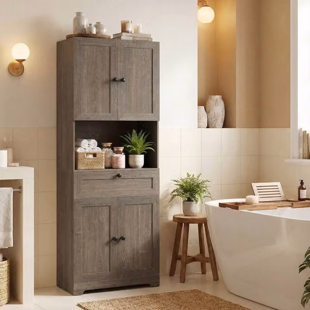 Costway Modern Grey Wooden Bathroom Cabinet with 4 Doors and 1 Drawer