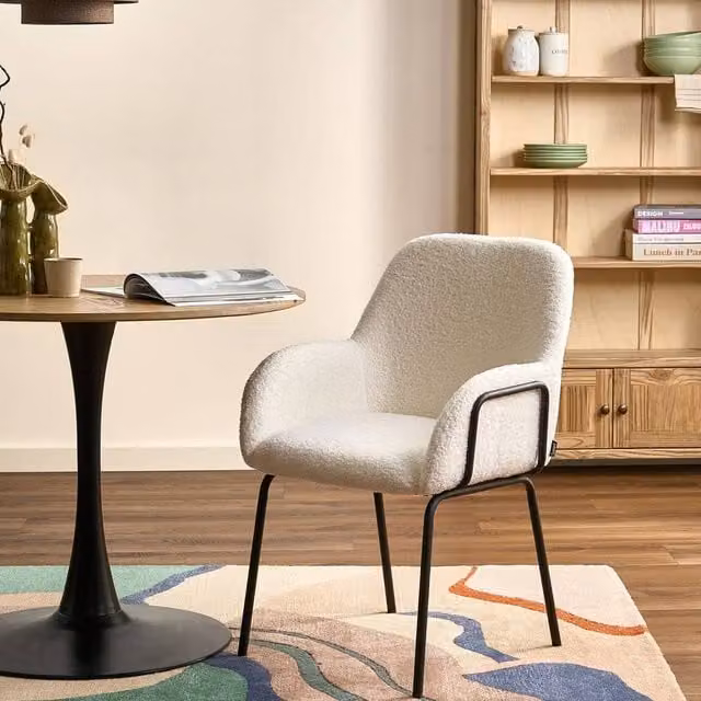 Wyld and Coco Bouclé Dining Chair with Black Iron Base in Off-White