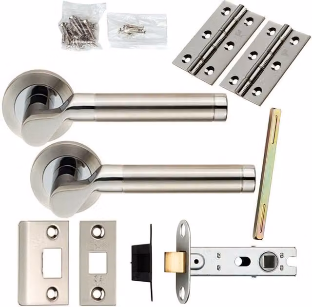 Loops Polished and Satin Steel Cranked Bar Screwless Rose Door Handle and Latch Pack in Silver