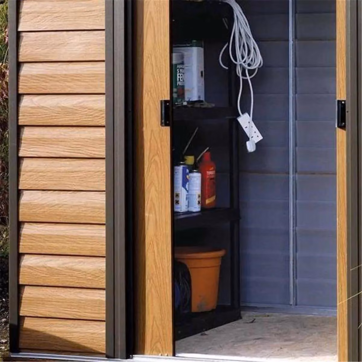 Cheshire Deluxe Woodvale Metal Shed in Natural Brown with Sliding Doors and Gable Roof – 3