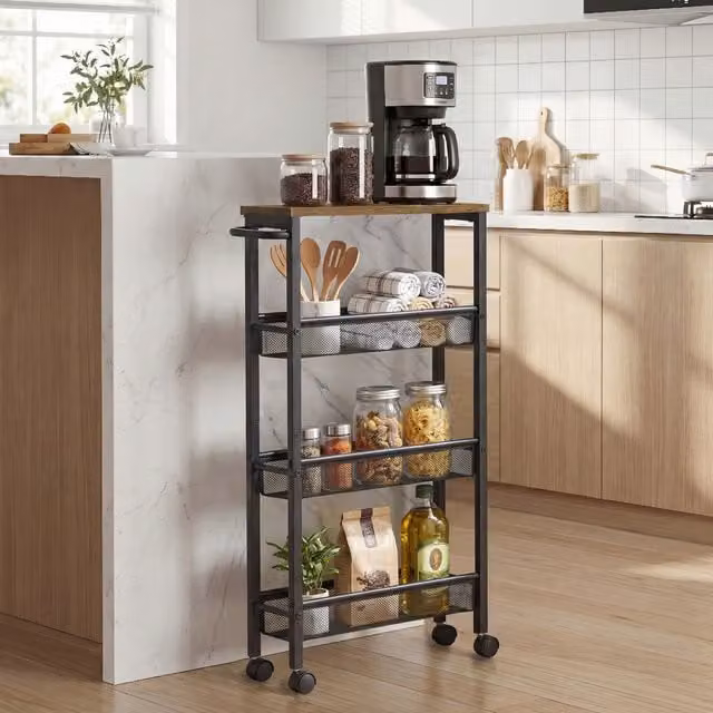 VASAGLE Rustic 4-Shelf Kitchen Trolley with Wheels in Bronze and Black