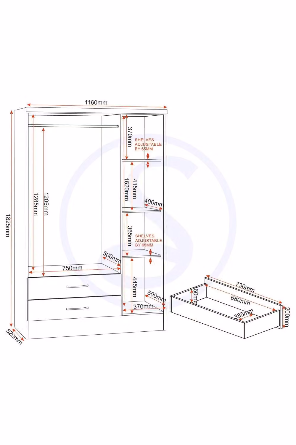 Seconique Nevada 3 Door 2 Drawer Mirrored Wardrobe in Brown Oak, H 182.5 x W 116 x D 52 cm – 3