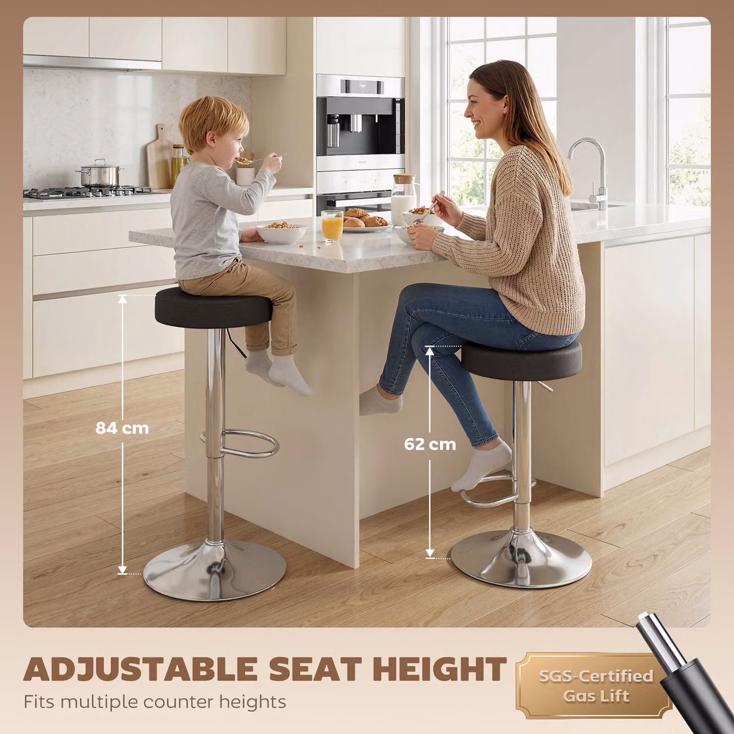 HOMCOM Set of 2 Modern Black PU Leather Swivel Bar Stools with Height Adjustable Seats and Footrests – 3