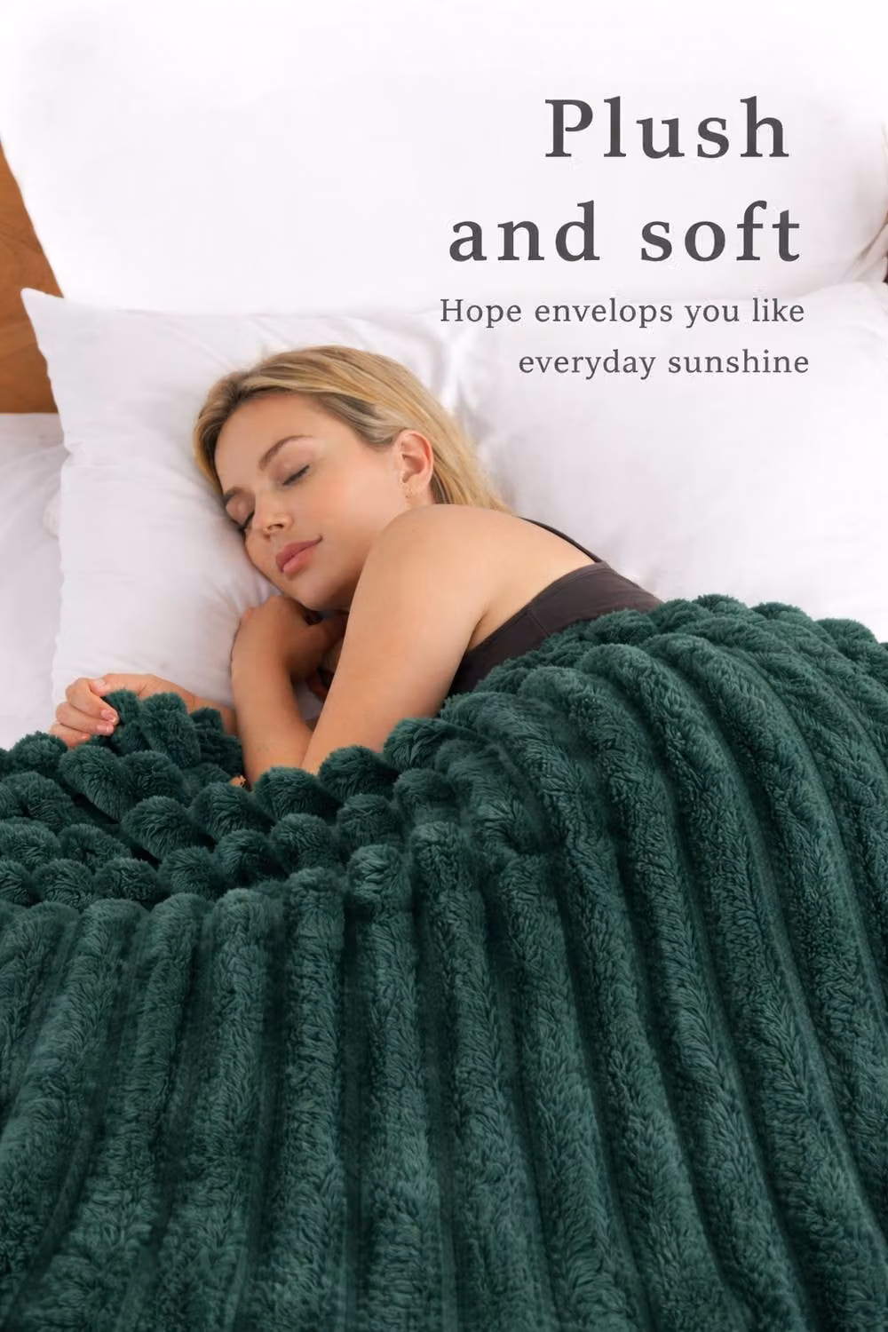 Dyzi Ribbed Jacquard Fleece Bed Blanket Throw in Dark Green, W: 150 cm, L: 200 cm – 2