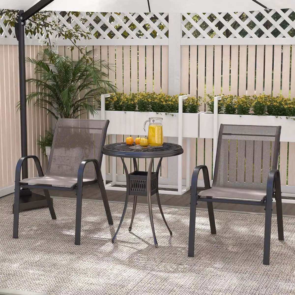 Gymax Set of 4 Stackable Metal Patio Dining Chairs with Armrests in Matt Grey – 3